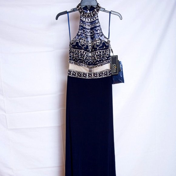 Coya Collection Dresses & Skirts - Coya Long Beaded Formal Blue Halter High Neck Keyhole Dress NWT $329 XS